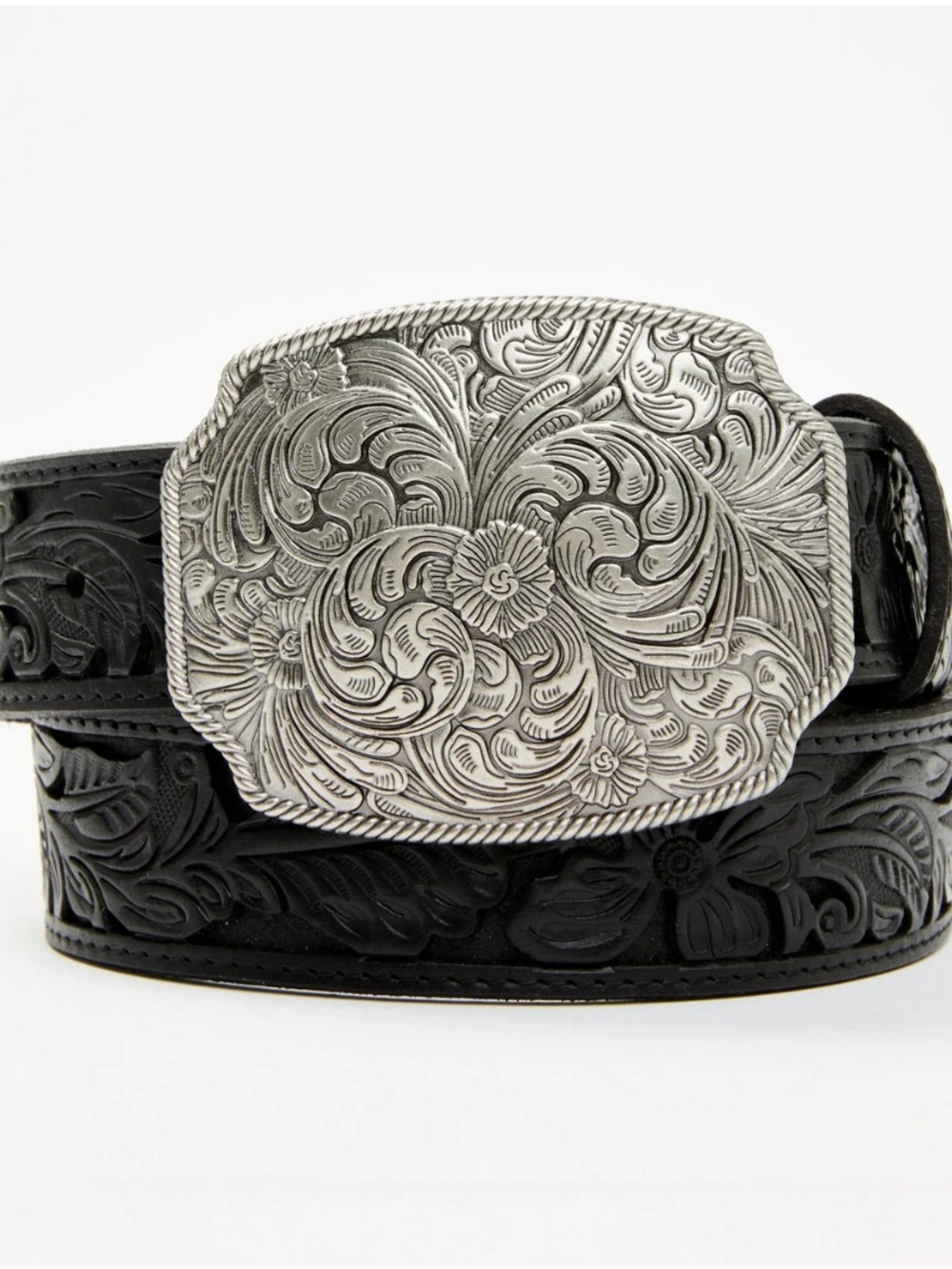 Idyllwind Black Floral Tooled Leather Belt with Ornate Silver Buckle